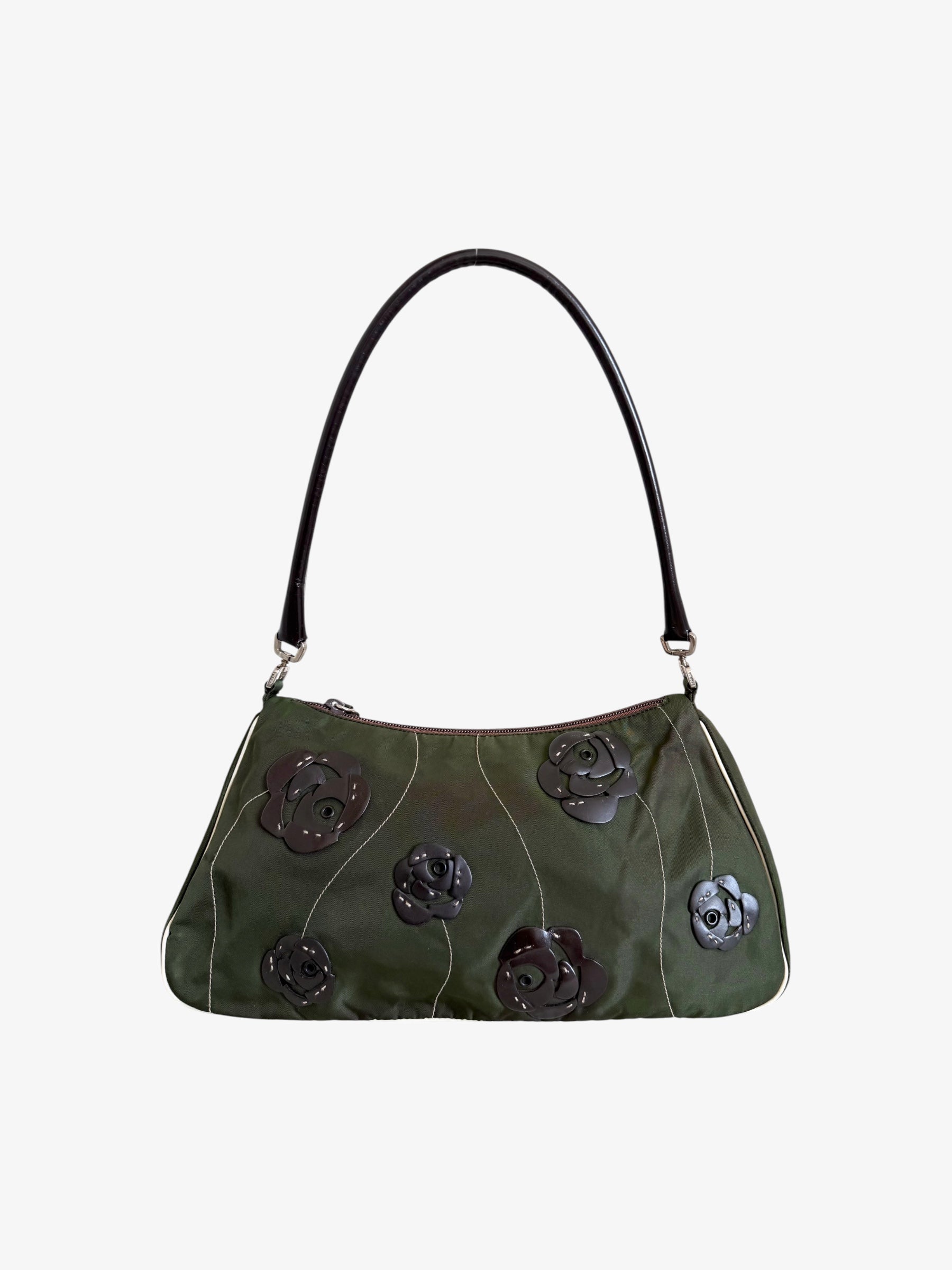Prada Floral Nylon Shoulder Bag Olive Green