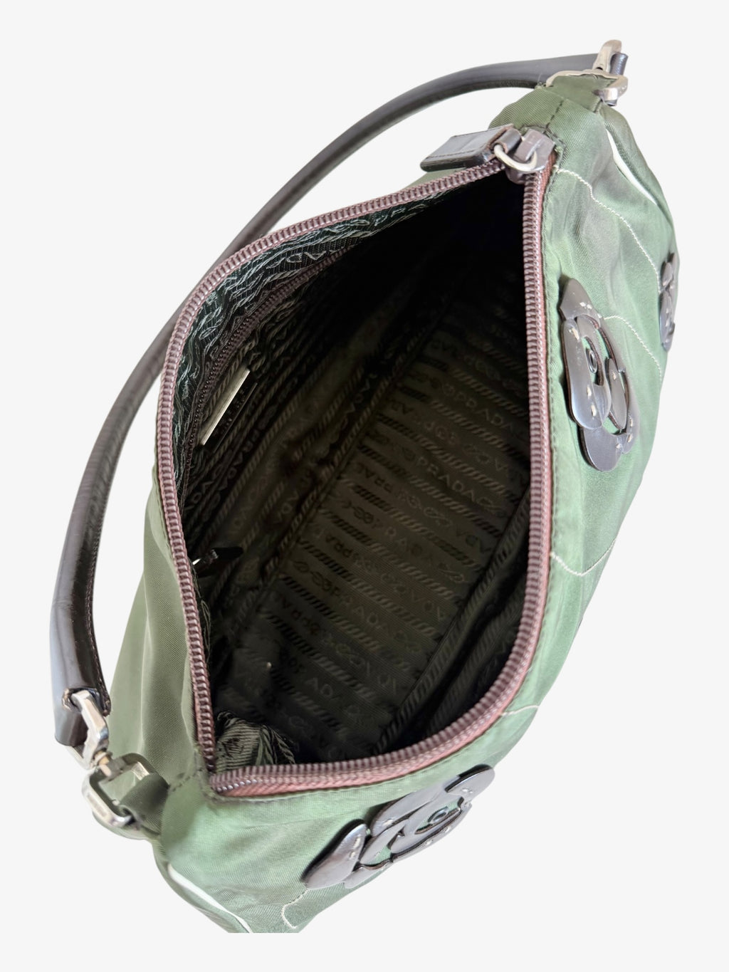 Prada Floral Nylon Shoulder Bag Olive Green