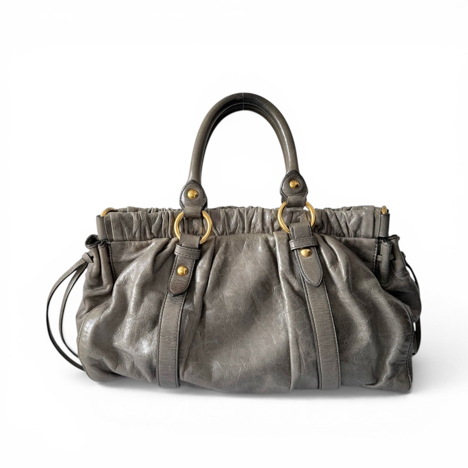 Miu Miu Vitello Lux Gathered Shopper Tote in Grey