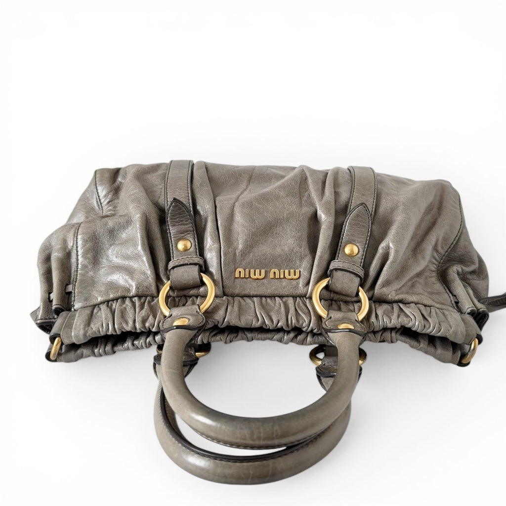 Miu Miu Vitello Lux Gathered Shopper Tote in Grey