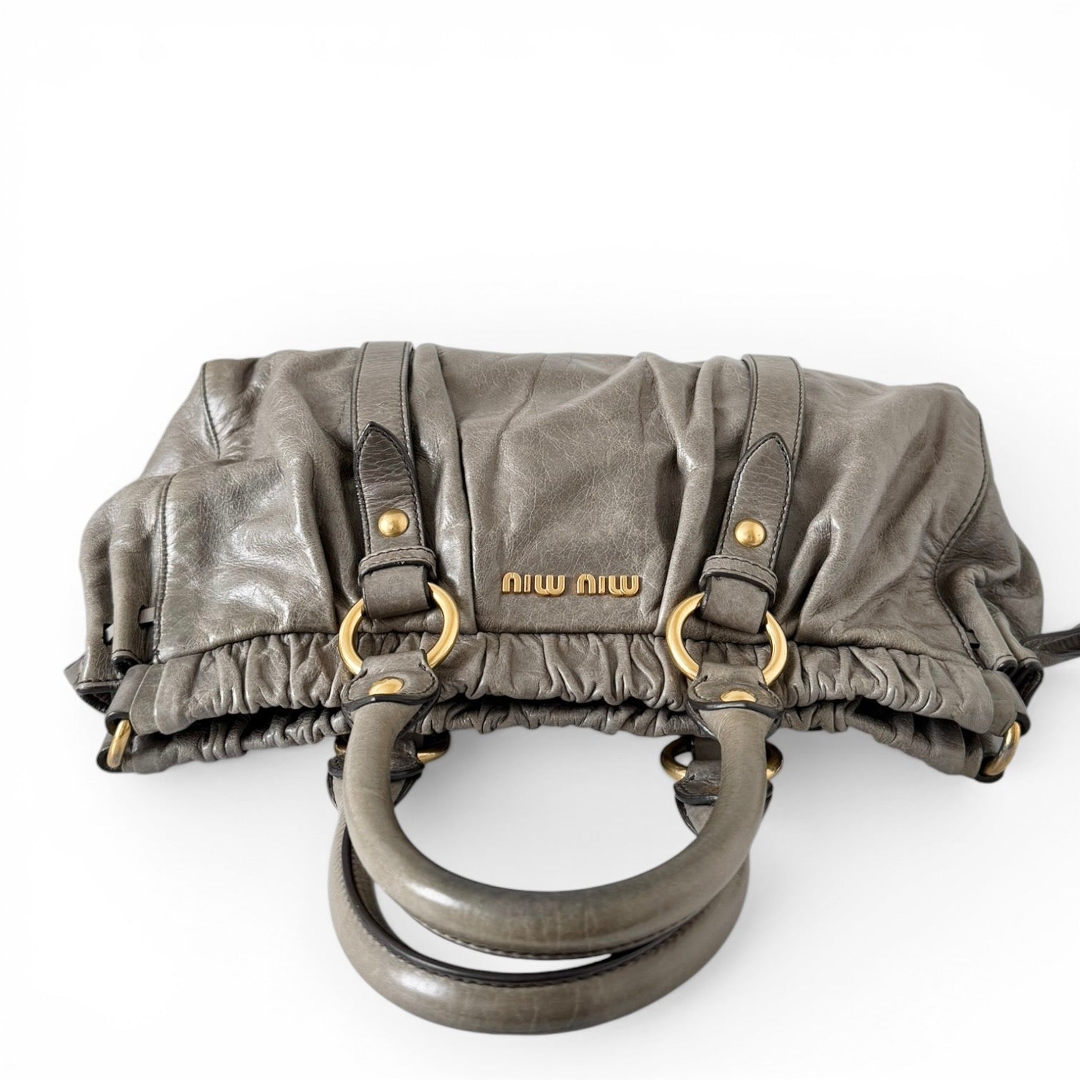 Miu Miu Vitello Lux Gathered Shopper Tote in Grey