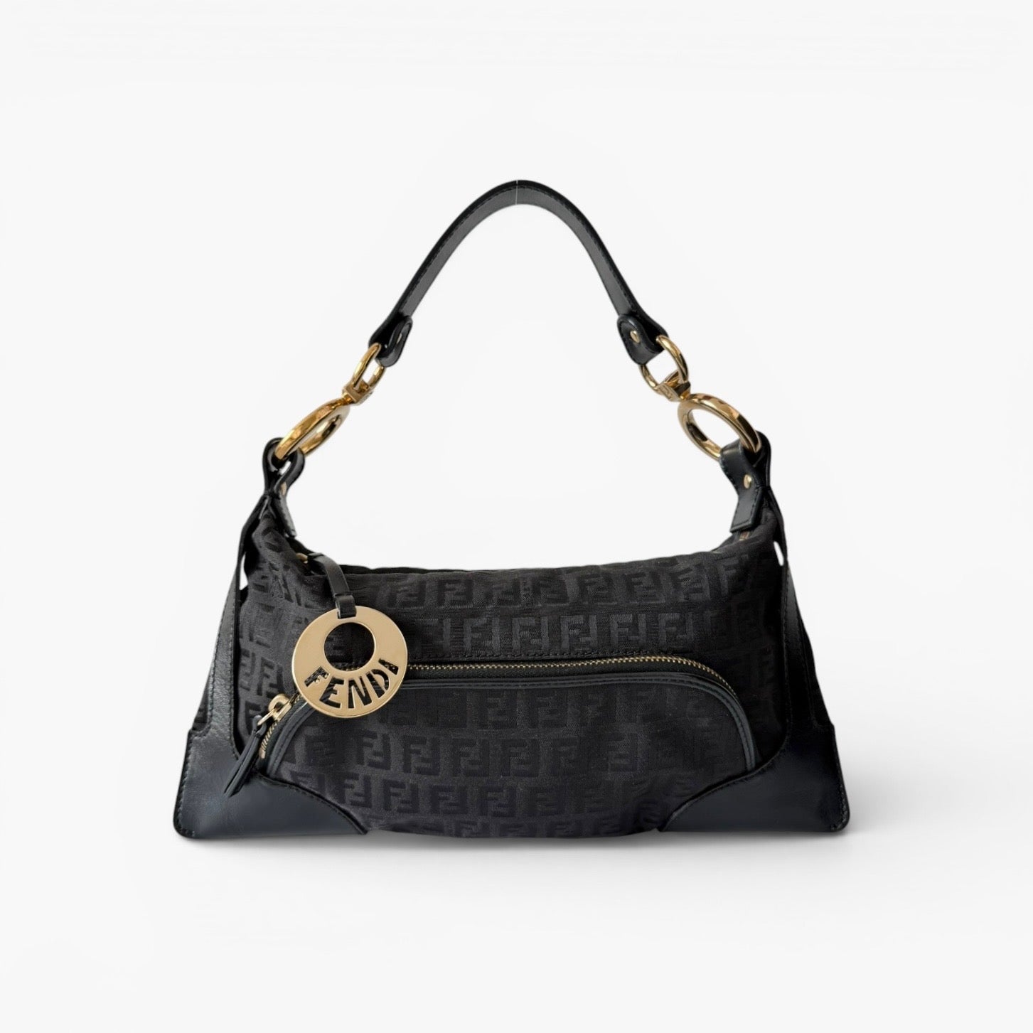 Fendi Black Zucchino Canvas and Leather Shoulder Bag
