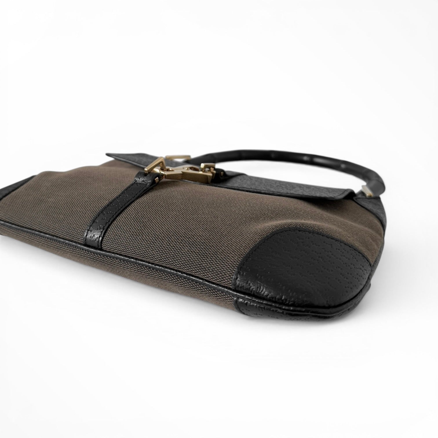 Gucci Canvas Calfskin Bamboo Handle Jackie O Hobo Bag