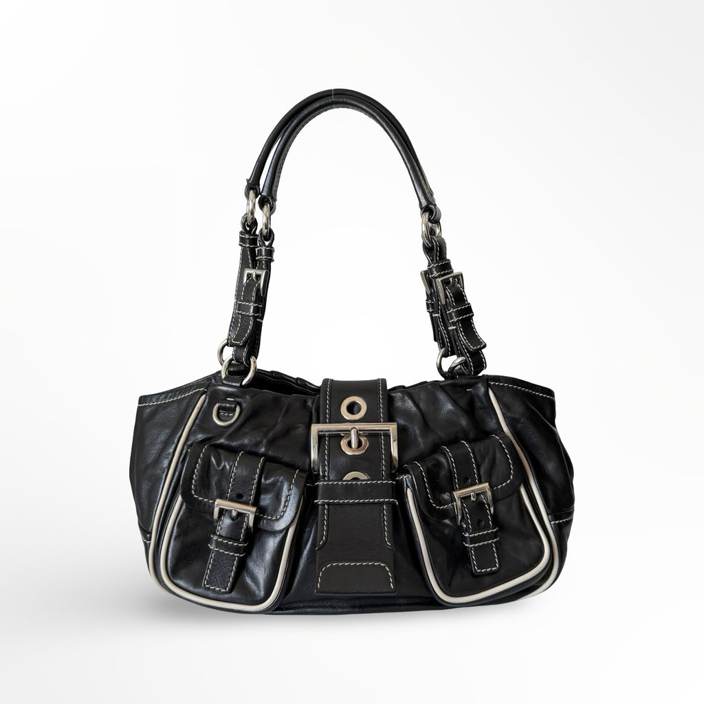 Prada Black Leather Double Pockets Satchel Shoulder Bag