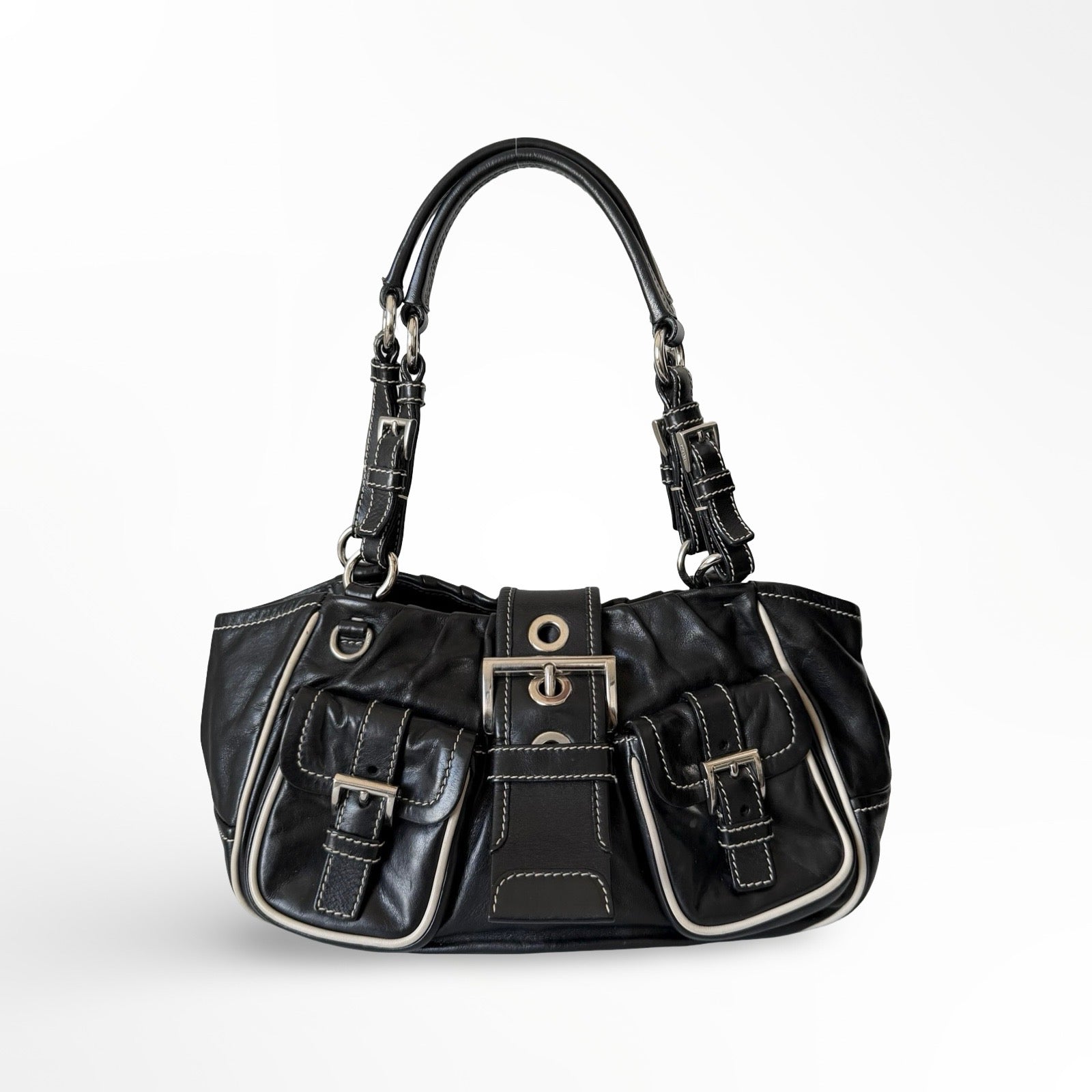 Prada Black Leather Double Pockets Satchel Shoulder Bag