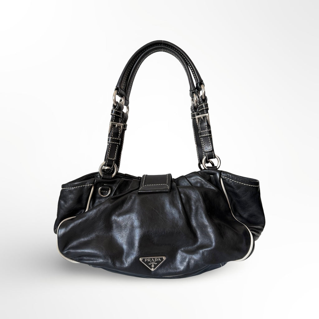 Prada Black Leather Double Pockets Satchel Shoulder Bag