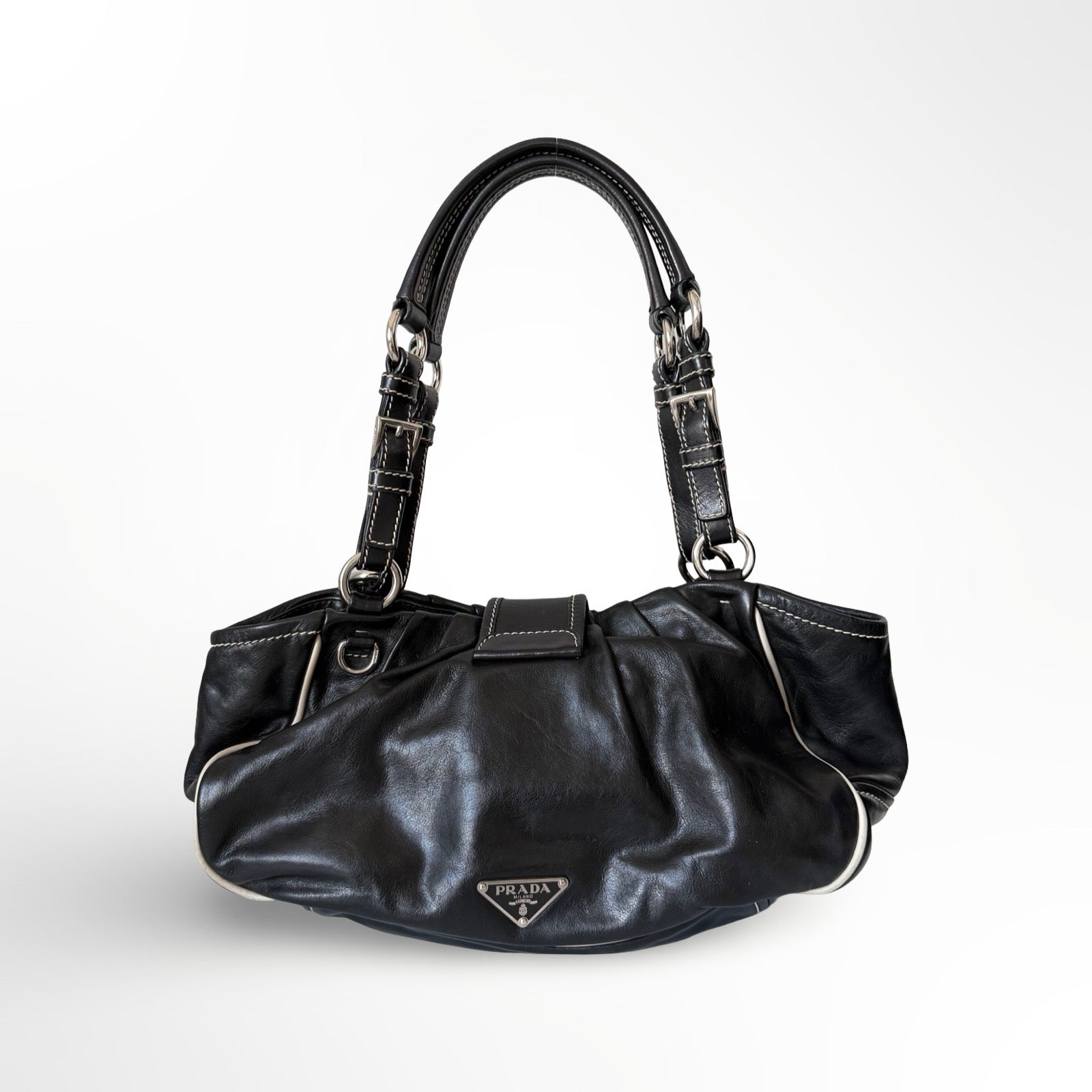 Prada Black Leather Double Pockets Satchel Shoulder Bag