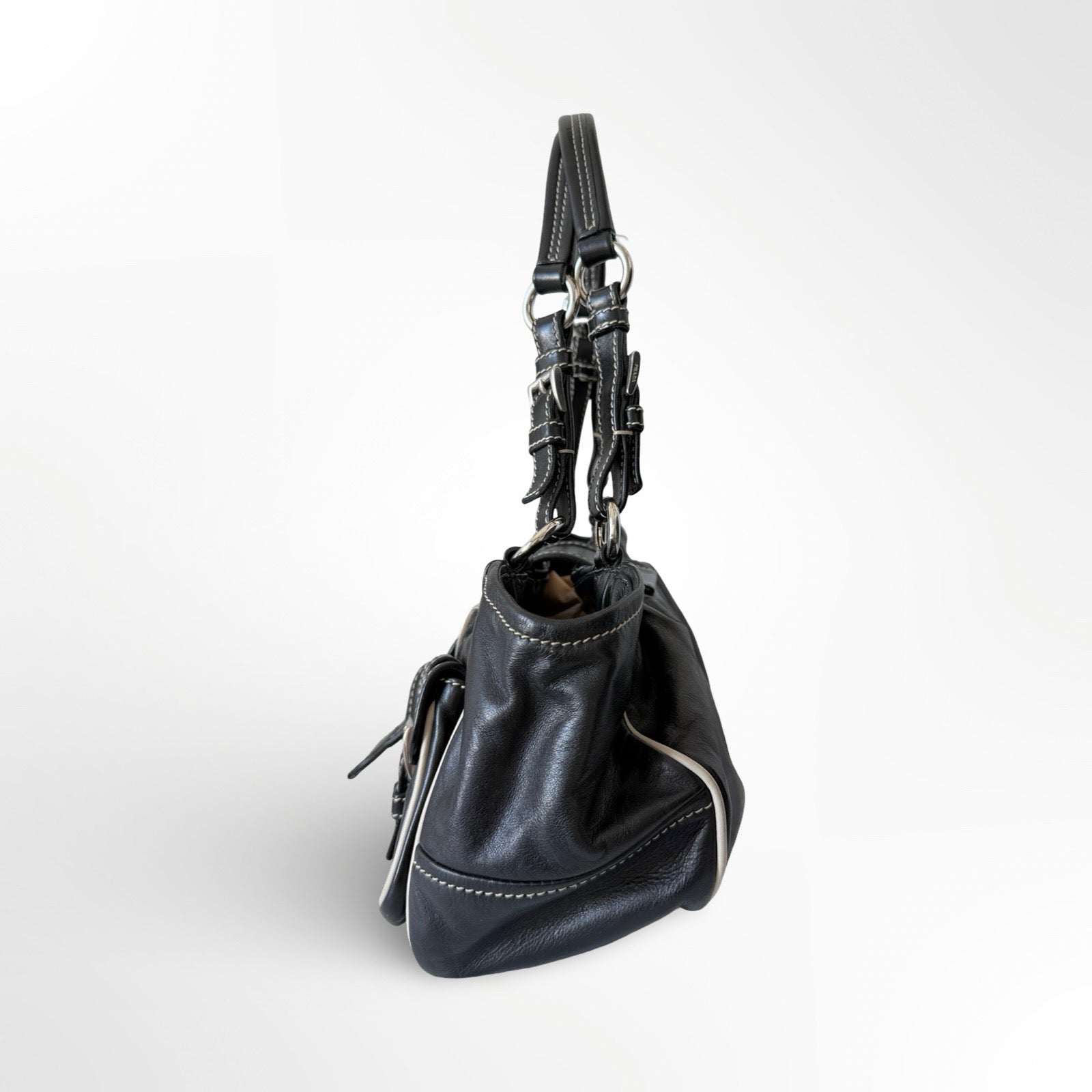 Prada Black Leather Double Pockets Satchel Shoulder Bag