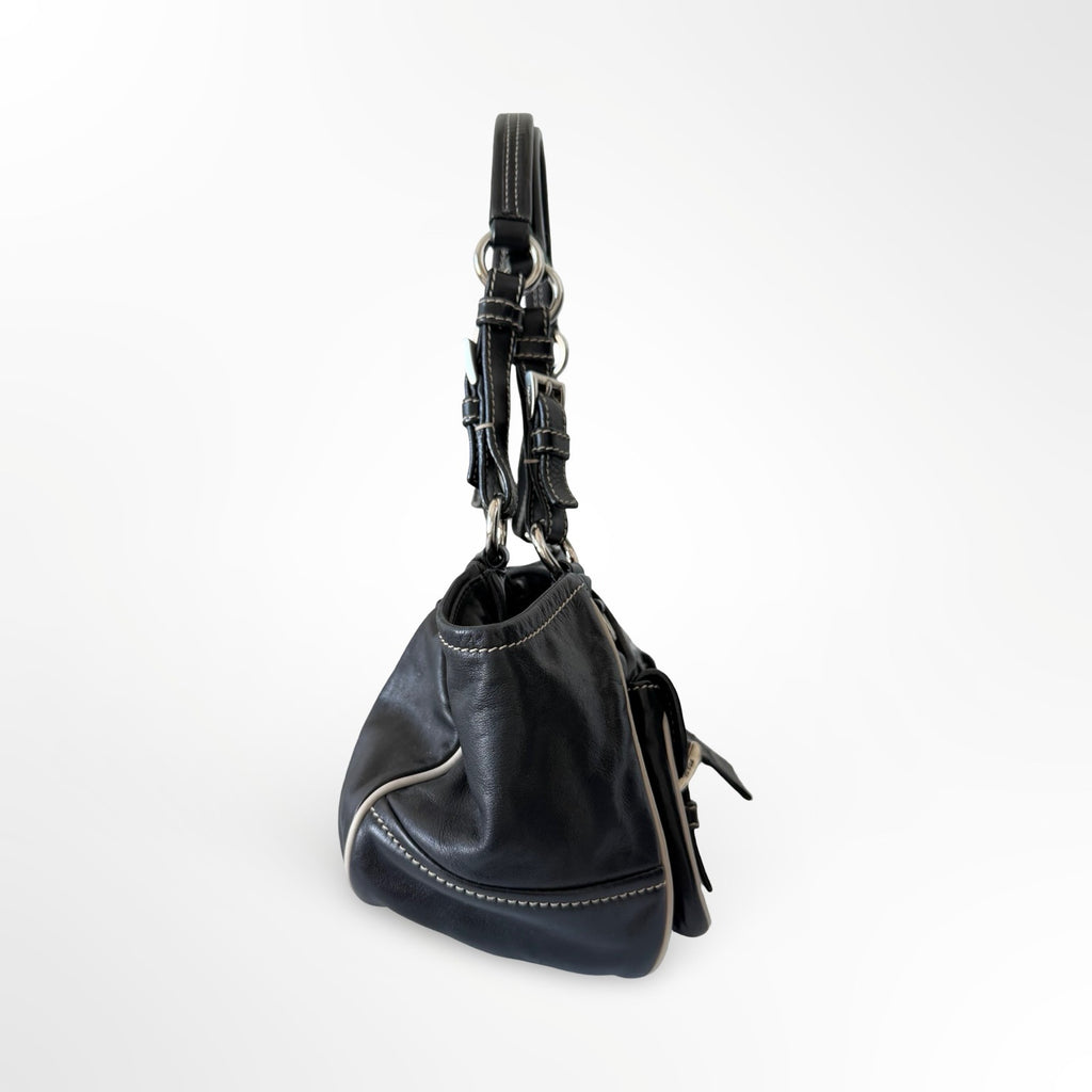 Prada Black Leather Double Pockets Satchel Shoulder Bag