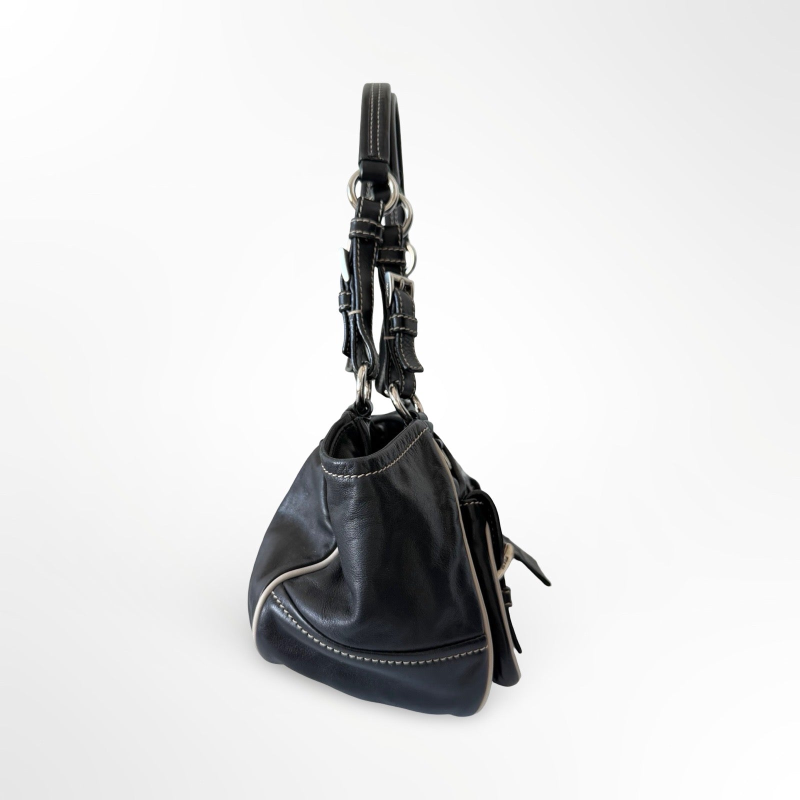 Prada Black Leather Double Pockets Satchel Shoulder Bag