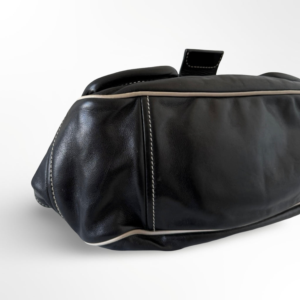 Prada Black Leather Double Pockets Satchel Shoulder Bag