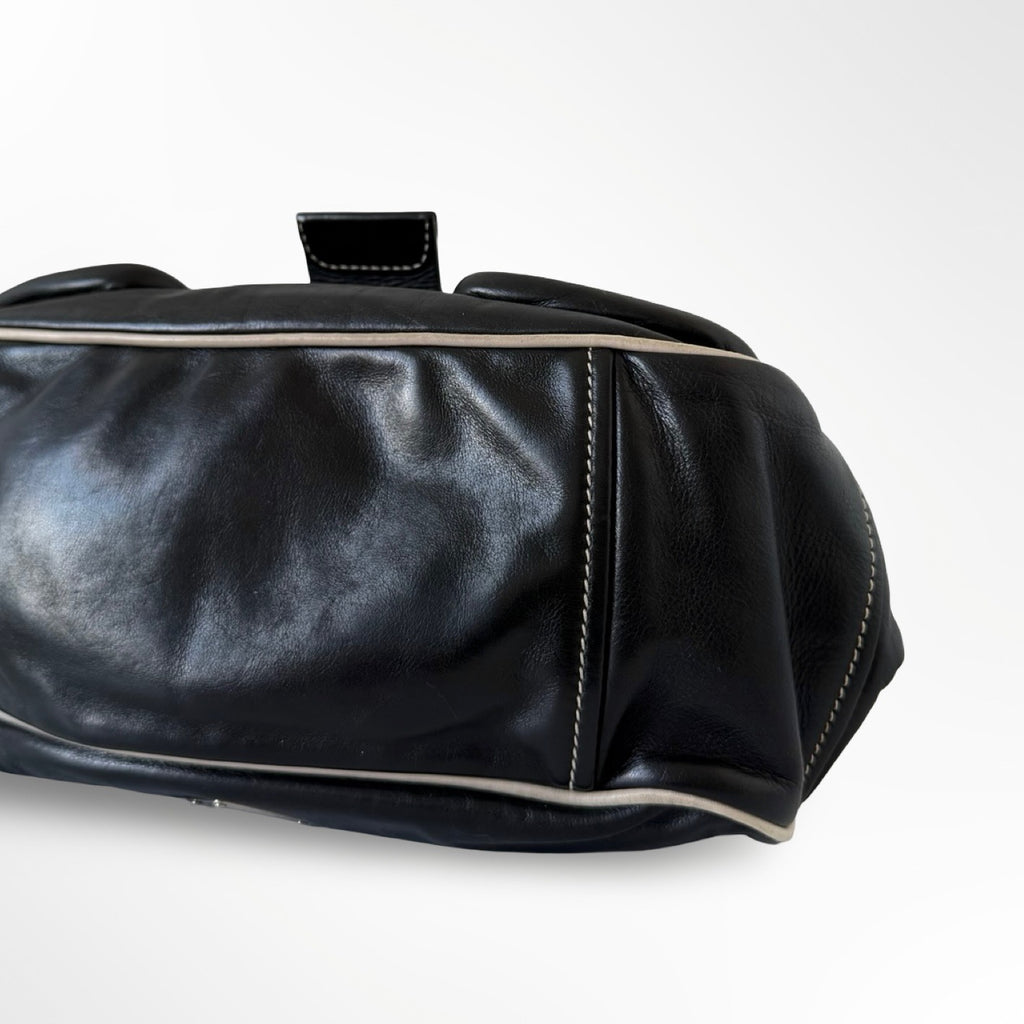Prada Black Leather Double Pockets Satchel Shoulder Bag