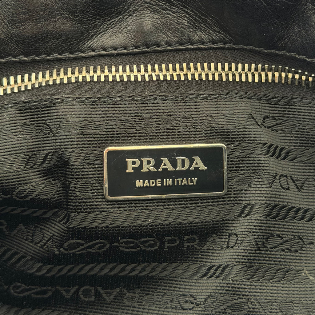 Prada Black Leather Double Pockets Satchel Shoulder Bag