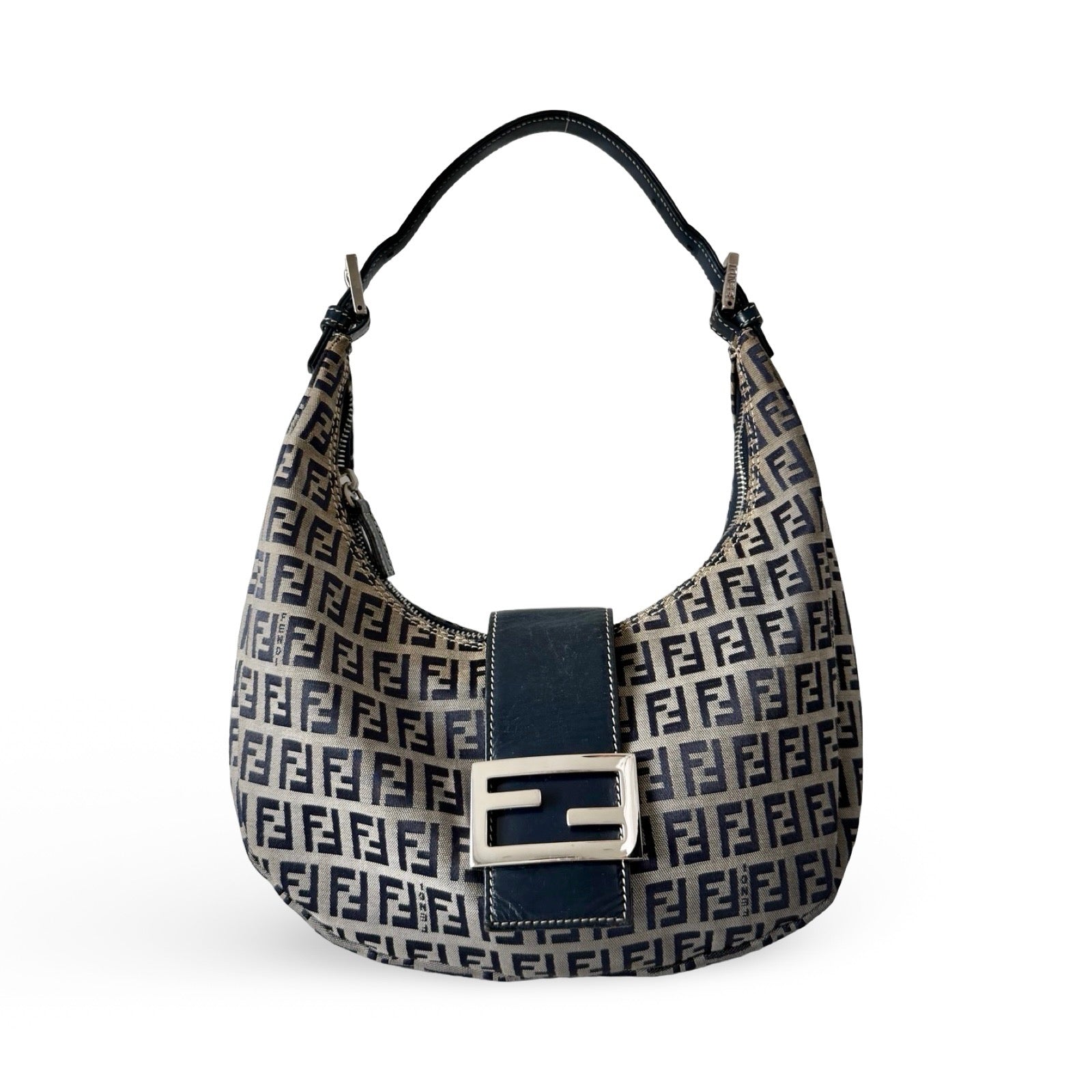 Fendi Zucchino Canvas Crescent Bag in Navy