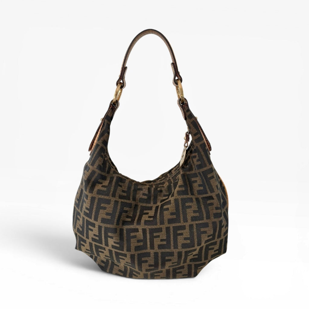 Fendi Zucca Canvas Hobo Shoulder Bag with Giraffe Straps