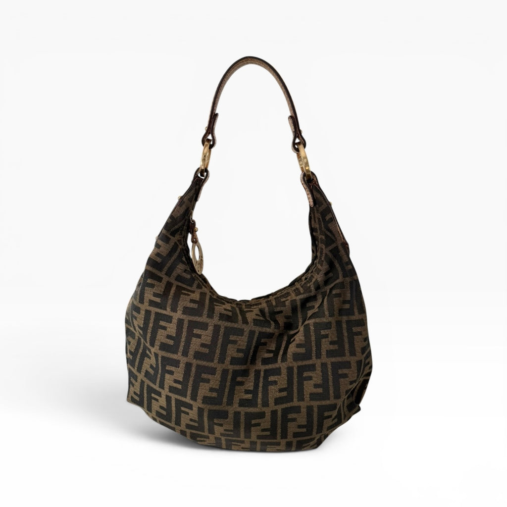 Fendi Zucca Canvas Hobo Shoulder Bag with Giraffe Straps