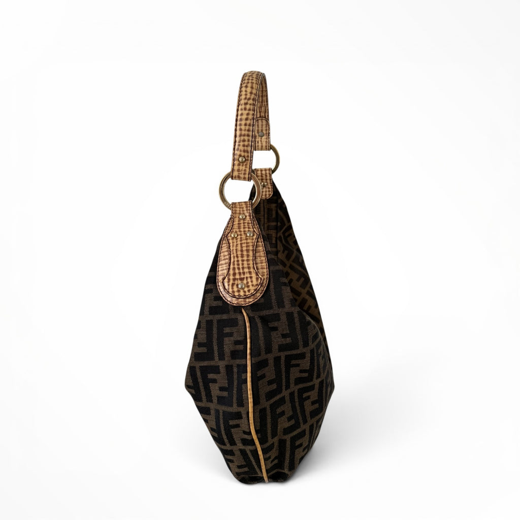 Fendi Zucca Canvas Hobo Shoulder Bag with Giraffe Straps