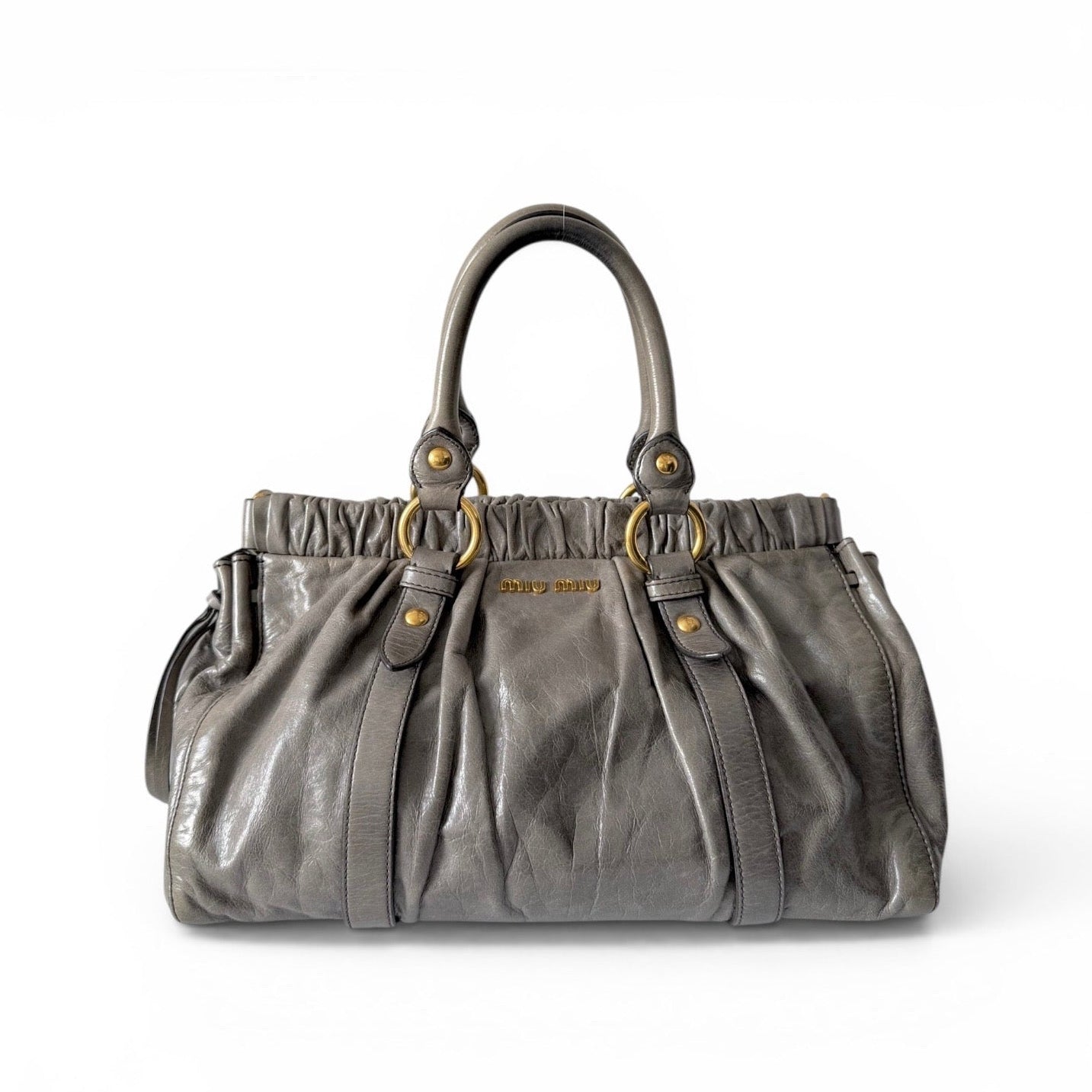 Miu Miu Vitello Lux Gathered Shopper Tote in Grey