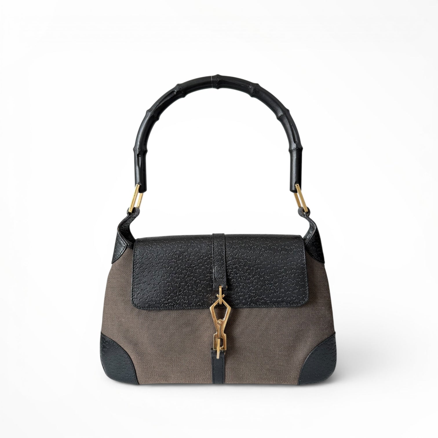 Gucci Canvas Calfskin Bamboo Handle Jackie O Hobo Bag